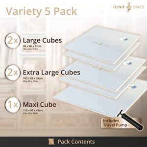 GENIE SPACE - Incredibly Strong Premium Cube Space Saving Vacuum Bags | Variety 5 Pack (1MX+2XL+2L) | Airtight & Reusable | Create 80% more space | For Clothes, Towels, Bedding, Duvets and more.