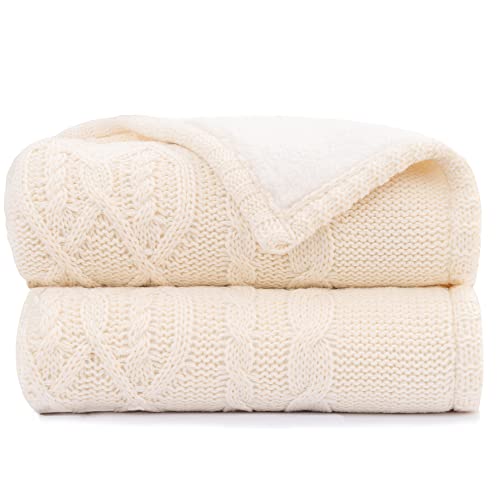 RECYCO Acrylic Cable Knit Sherpa Throw Blanket for Couch, Thick Super Soft Cozy Knit Blanket Sweater Style Sherpa Knitted Throw Blankets for Bed Sofa Chair, 50 x 60 Inches, Cream White