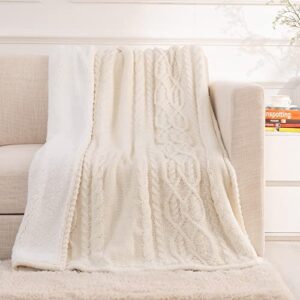 RECYCO Acrylic Cable Knit Sherpa Throw Blanket for Couch, Thick Super Soft Cozy Knit Blanket Sweater Style Sherpa Knitted Throw Blankets for Bed Sofa Chair, 50 x 60 Inches, Cream White