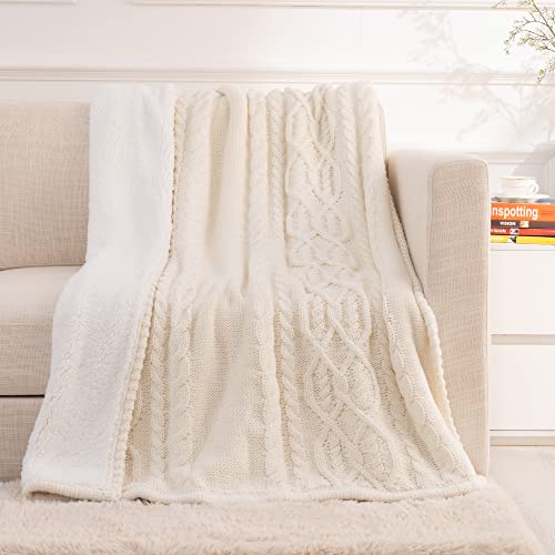 RECYCO Acrylic Cable Knit Sherpa Throw Blanket for Couch, Thick Super Soft Cozy Knit Blanket Sweater Style Sherpa Knitted Throw Blankets for Bed Sofa Chair, 50 x 60 Inches, Cream White