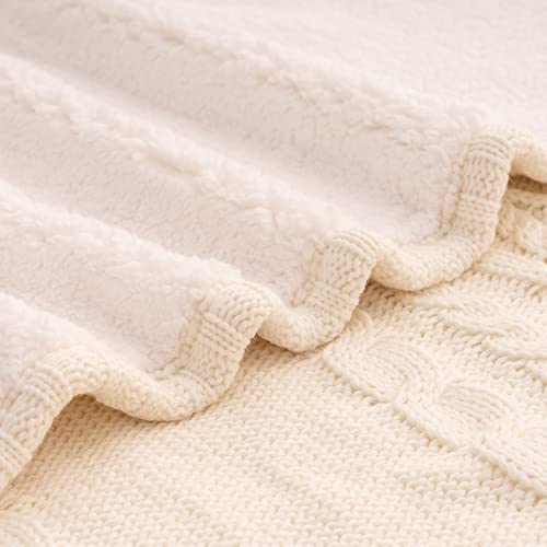 RECYCO Acrylic Cable Knit Sherpa Throw Blanket for Couch, Thick Super Soft Cozy Knit Blanket Sweater Style Sherpa Knitted Throw Blankets for Bed Sofa Chair, 50 x 60 Inches, Cream White