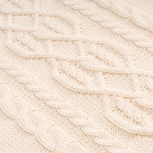 RECYCO Acrylic Cable Knit Sherpa Throw Blanket for Couch, Thick Super Soft Cozy Knit Blanket Sweater Style Sherpa Knitted Throw Blankets for Bed Sofa Chair, 50 x 60 Inches, Cream White