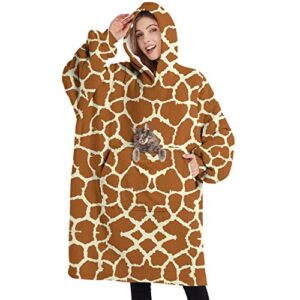 oversized wearable blanket hoodie sweatshirt brown giraffe skin fluffy flannel blanket sweater with giant pocket for women, adult, girls, friend
