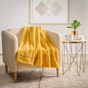faux fur throw blanket - warm & cozy throw blanket for couch, bed, sofa - gold/mustard throw blanket for home décor - double sided, ultra soft throw blanket
