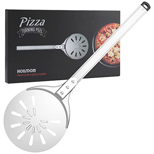 Honsdom Pizza Turning Peel, Round Pizza Turner, 8-Inch Hard Anodized Aluminum Perforated Pizza Peel, Long Handle Pizza Spinner, Pizza Oven Accessories