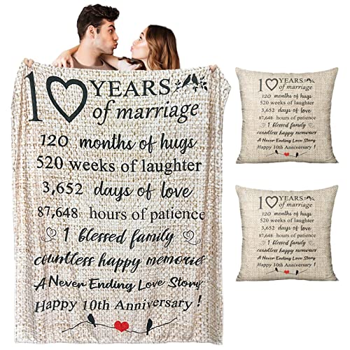 PERRIFIC 10th Wedding Anniversary Blanket Gift for Couple Wife Husband Her Him 10 Year Marriage,Valentines Day Gifts for Wife Romantic Throw Blankets with 2 Pillow Covers