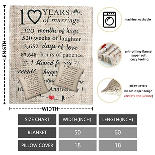 PERRIFIC 10th Wedding Anniversary Blanket Gift for Couple Wife Husband Her Him 10 Year Marriage,Valentines Day Gifts for Wife Romantic Throw Blankets with 2 Pillow Covers