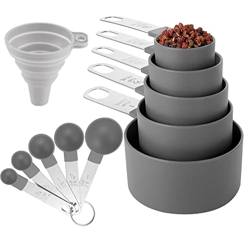 Measuring Cups and Spoons Set of Huygens Kitchen Gadgets 10 Pieces, Stackable Stainless Steel Handle Measuring Cups for Measuring Dry and Liquid Ingredient (Gray)