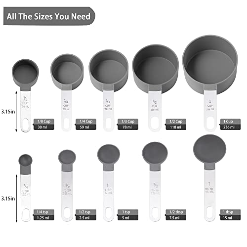 Measuring Cups and Spoons Set of Huygens Kitchen Gadgets 10 Pieces, Stackable Stainless Steel Handle Measuring Cups for Measuring Dry and Liquid Ingredient (Gray)