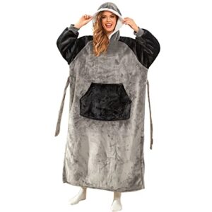 jezero wearable blanket hoodie oversized, flannel sherpa fleece blanket sweatshirt for adults women men with hood, belt, pocket & sleeves, one size fits all