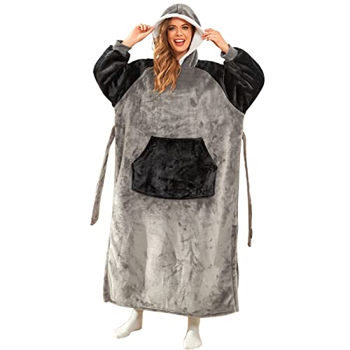 Jezero Wearable Blanket Hoodie Oversized, Flannel Sherpa Fleece Blanket Sweatshirt for Adults Women Men with Hood, Belt, Pocket & Sleeves, One Size Fits All