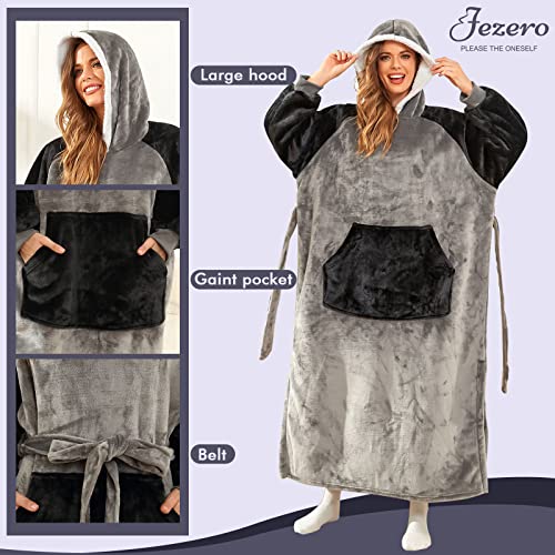 Jezero Wearable Blanket Hoodie Oversized, Flannel Sherpa Fleece Blanket Sweatshirt for Adults Women Men with Hood, Belt, Pocket & Sleeves, One Size Fits All