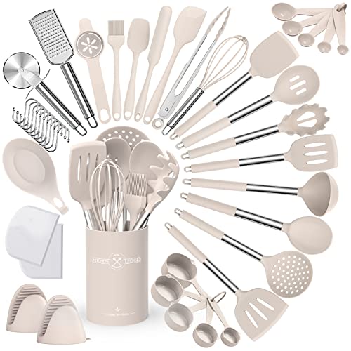 Umite Chef Silicone Kitchen Cooking Utensil Set, 43 pcs Silicone Kitchen Spatula Utensils Set with Stainless Steel Handle, Non-stick Heat Resistant - Best Kitchen Cookware Set-(Khaki)