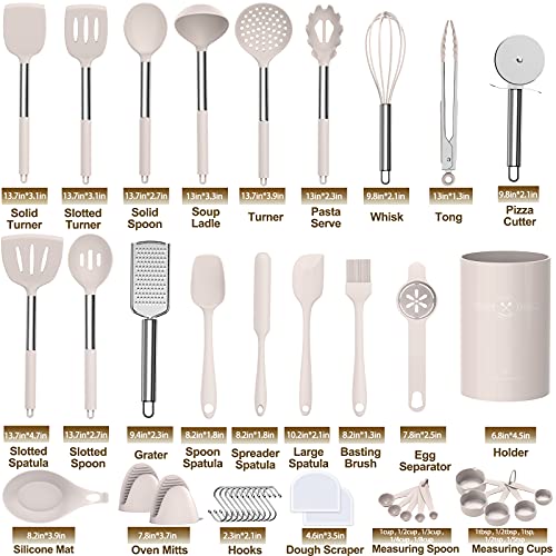 Umite Chef Silicone Kitchen Cooking Utensil Set, 43 pcs Silicone Kitchen Spatula Utensils Set with Stainless Steel Handle, Non-stick Heat Resistant - Best Kitchen Cookware Set-(Khaki)