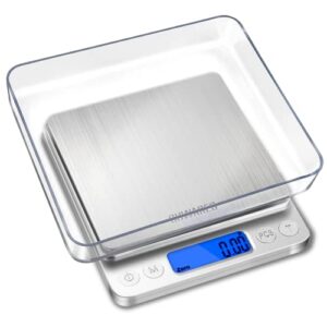 food scale, chwares rechargeable kitchen scale with trays 3000g/0.1g, small scale with tare function digital scale grams and ounces for weight loss, dieting, cooking, meal prep, coffee, jewelry