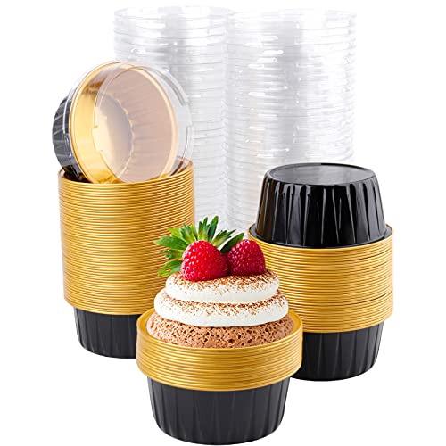 DEAYOU 100 Pieces Aluminum Foil Baking Cups with Lids, 5oz Disposable Ramekins Muffin Cups, 3" Cupcake Foil Liners Tart Pie Tin Pan Holder for Pudding, Souffle, Party, Wedding, Black Gold Color