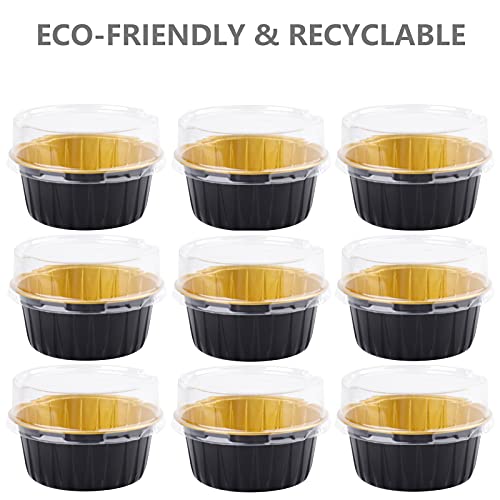 DEAYOU 100 Pieces Aluminum Foil Baking Cups with Lids, 5oz Disposable Ramekins Muffin Cups, 3" Cupcake Foil Liners Tart Pie Tin Pan Holder for Pudding, Souffle, Party, Wedding, Black Gold Color