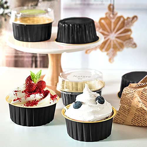 DEAYOU 100 Pieces Aluminum Foil Baking Cups with Lids, 5oz Disposable Ramekins Muffin Cups, 3" Cupcake Foil Liners Tart Pie Tin Pan Holder for Pudding, Souffle, Party, Wedding, Black Gold Color