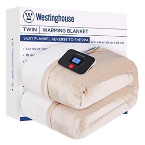 westinghouse electric blanket heated blanket | 10 heating levels & 1 to 12 hours heating time settings | flannel to sherpa reversible 62x84 twin size | machine washable, beige