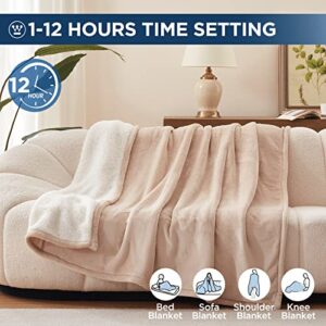 Westinghouse Electric Blanket Heated Blanket | 10 Heating Levels & 1 to 12 Hours Heating Time Settings | Flannel to Sherpa Reversible 62x84 Twin Size | Machine Washable, Beige