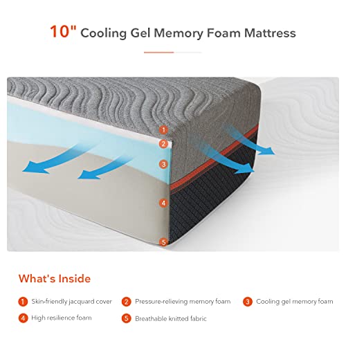 Sweetnight Queen Mattress, 10 inch Gel Memory Foam Mattress with Three Firmness Levels from Soft to Firm, Gel Infused for Cool Sleep and Spinal Support, Flippable Mattress Queen in a Box, Whisper