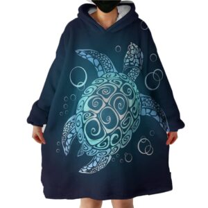 sleepwish turtle wearable blanket hoodie, beach oversized sherpa blanket sweatshirt with hood pocket and sleeves, teal turquoise, super soft warm plush blanket (adults 63" x 39")