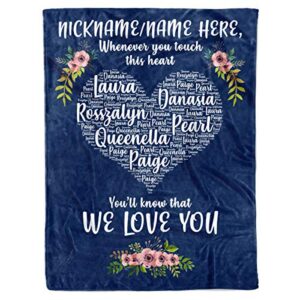 personalized custom kids grandkids names for dad mom grandma nana grandpa nana customized christmas holiday fleece sherpa blanket bed throw tapestry wall hanging (navy - touch heart, fleece - 50x60)