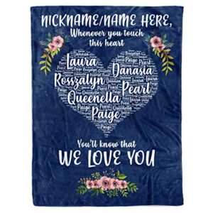 Personalized Custom Kids Grandkids Names for Dad Mom Grandma Nana Grandpa Nana Customized Christmas Holiday Fleece Sherpa Blanket Bed Throw Tapestry Wall Hanging (Navy - Touch Heart, Fleece - 50x60)