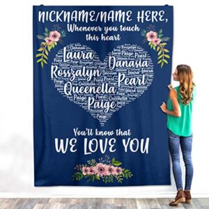 Personalized Custom Kids Grandkids Names for Dad Mom Grandma Nana Grandpa Nana Customized Christmas Holiday Fleece Sherpa Blanket Bed Throw Tapestry Wall Hanging (Navy - Touch Heart, Fleece - 50x60)