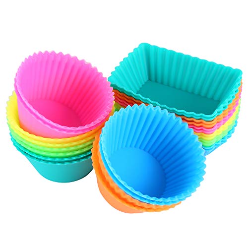 IPOW 24 Pack Silicone Cupcake Baking Cups Reusable Food-Grade BPA Free Non-Stick Muffin Liners Molds Sets, 2 Shapes Round Rectangle