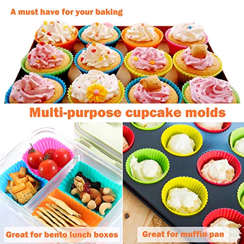 IPOW 24 Pack Silicone Cupcake Baking Cups Reusable Food-Grade BPA Free Non-Stick Muffin Liners Molds Sets, 2 Shapes Round Rectangle