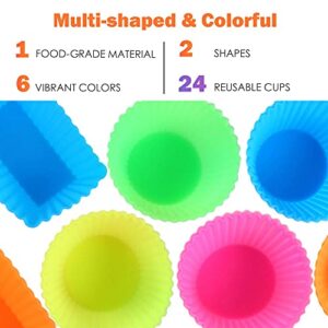 IPOW 24 Pack Silicone Cupcake Baking Cups Reusable Food-Grade BPA Free Non-Stick Muffin Liners Molds Sets, 2 Shapes Round Rectangle