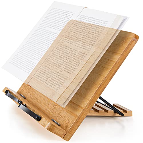 Pipishell Bamboo Book Stand, Large Cookbook Stands Reading Book Holder with 5 Adjustable Height, Foldable Wooden Cookbook Holder for Textbook, Receipe, Music Books, Tablet (13.4 x 9.5 in)