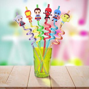 24 Superhero Party Favors Reusable Drinking Straws with Cartoon Decorations Great for Super Hero Birthday Party Supplies with 2 Cleaning Brush