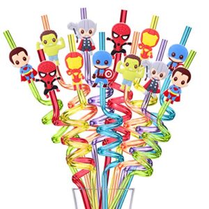 24 Superhero Party Favors Reusable Drinking Straws with Cartoon Decorations Great for Super Hero Birthday Party Supplies with 2 Cleaning Brush