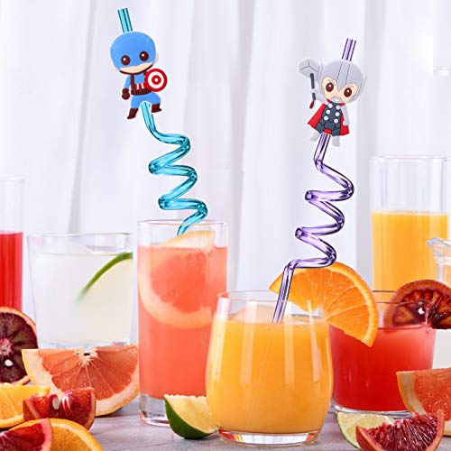 24 Superhero Party Favors Reusable Drinking Straws with Cartoon Decorations Great for Super Hero Birthday Party Supplies with 2 Cleaning Brush