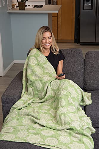 InfuseZen Turkish Blanket with Floral Medallion Print – Muslin Weave Reversible Throw Blanket – 100% Cotton - Breathable, Thin and Lightweight Gauze Throw Blanket – Large 92” x 65” (Olive/Beige)