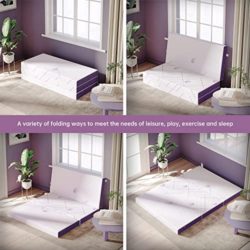TeQsli Folding Mattress Full Size, 4-Inch Foldable Mattress, Tri-Fold Gel Memory Foam Mattress with Washable Cover, Portable Mattress for Traveling, Camping, Guest Bed