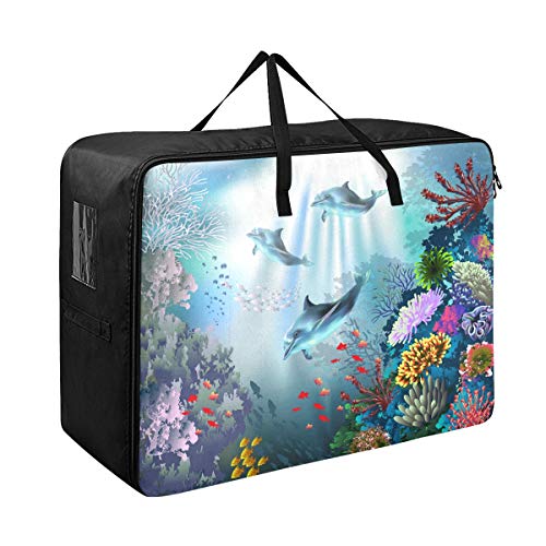 Sea Creatures And Dolphin Extra Large Storage Bag Space Saving Laundry Bag Comforter Quilt Bedspread Pillow Luggage Moving Tote Garment Closet Storage Organizer Travel Cargo Duffel Jumbo Bags(c)