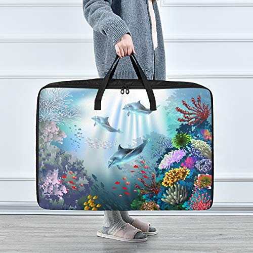 Sea Creatures And Dolphin Extra Large Storage Bag Space Saving Laundry Bag Comforter Quilt Bedspread Pillow Luggage Moving Tote Garment Closet Storage Organizer Travel Cargo Duffel Jumbo Bags(c)