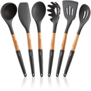 silicone cooking utensils set (6 pcs) natural wood kitchen utensils – eco friendly & bpa free, non scratch & non stick easy grip cooking tools and best kitchen gadgets tools for cookware