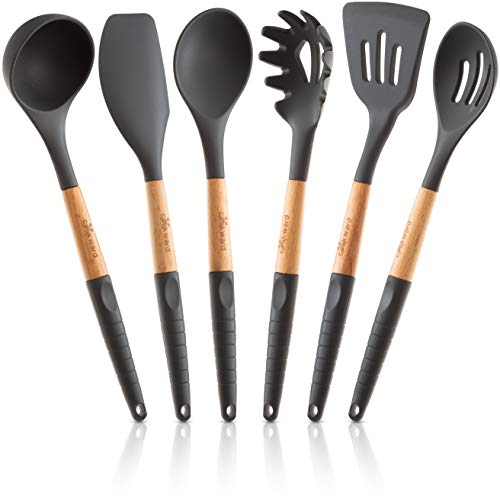 Silicone Cooking Utensils Set (6 pcs) Natural Wood Kitchen Utensils – Eco Friendly & BPA Free, Non Scratch & Non Stick Easy Grip Cooking Tools And Best Kitchen Gadgets Tools for Cookware