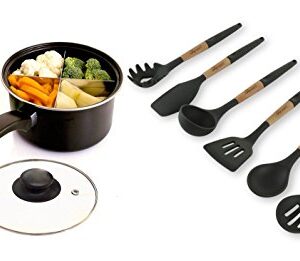 Silicone Cooking Utensils Set (6 pcs) Natural Wood Kitchen Utensils – Eco Friendly & BPA Free, Non Scratch & Non Stick Easy Grip Cooking Tools And Best Kitchen Gadgets Tools for Cookware