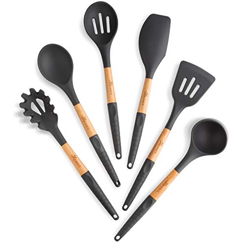 Silicone Cooking Utensils Set (6 pcs) Natural Wood Kitchen Utensils – Eco Friendly & BPA Free, Non Scratch & Non Stick Easy Grip Cooking Tools And Best Kitchen Gadgets Tools for Cookware