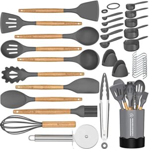 silicone cooking utensil set, 35 pcs kitchen utensils cooking utensils set by fungun, non-stick heat resistant kitchen gadgets cookware with natural wooden handle -(gray)