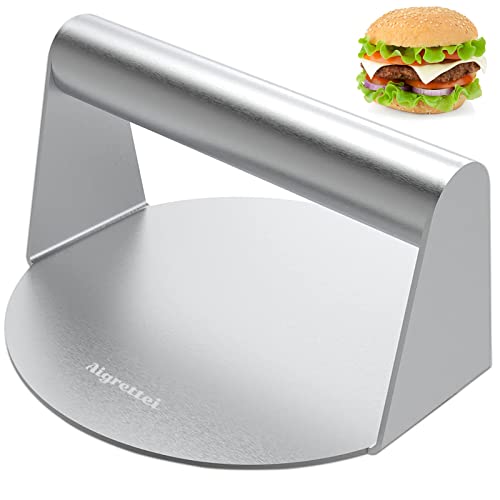 Aigrettei Burger Press - Stainless Steel Burger Smasher Tool - Smooth & Non-Stick Surface -Round Utensil for Grilling Meat Patty, Steak, Hot Dog, Grill Flattener for Steaks, Panini, Sandwich, 5.5x5.5