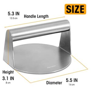 Aigrettei Burger Press - Stainless Steel Burger Smasher Tool - Smooth & Non-Stick Surface -Round Utensil for Grilling Meat Patty, Steak, Hot Dog, Grill Flattener for Steaks, Panini, Sandwich, 5.5x5.5