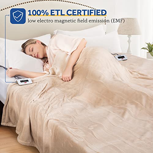 SEALY Electric Blanket Queen Size, Flannel Heated Blanket with 10 Heating Levels & 1-12 Hours Auto Shut Off, Fast Heating Warm Blanket, Machine Washable, Beige, 84 x 90 Inch