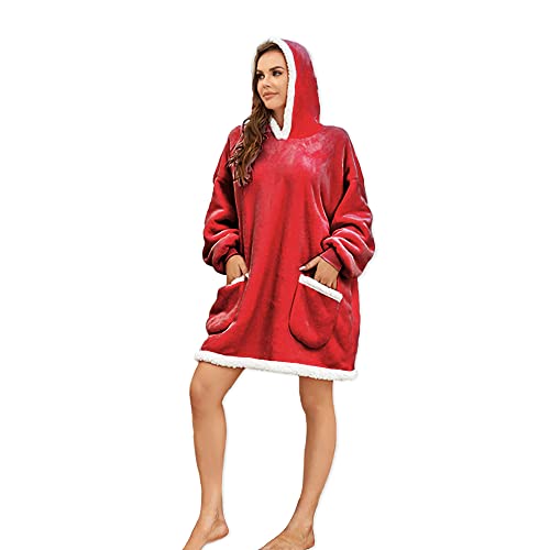 RONGTAI Oversized Sherpa Hooded Wearable Blankets,Soft Microfiber Solid Blanket Sweatshirt with Pockets,One Size Fits All,Red