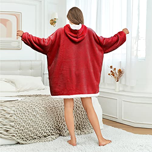 RONGTAI Oversized Sherpa Hooded Wearable Blankets,Soft Microfiber Solid Blanket Sweatshirt with Pockets,One Size Fits All,Red